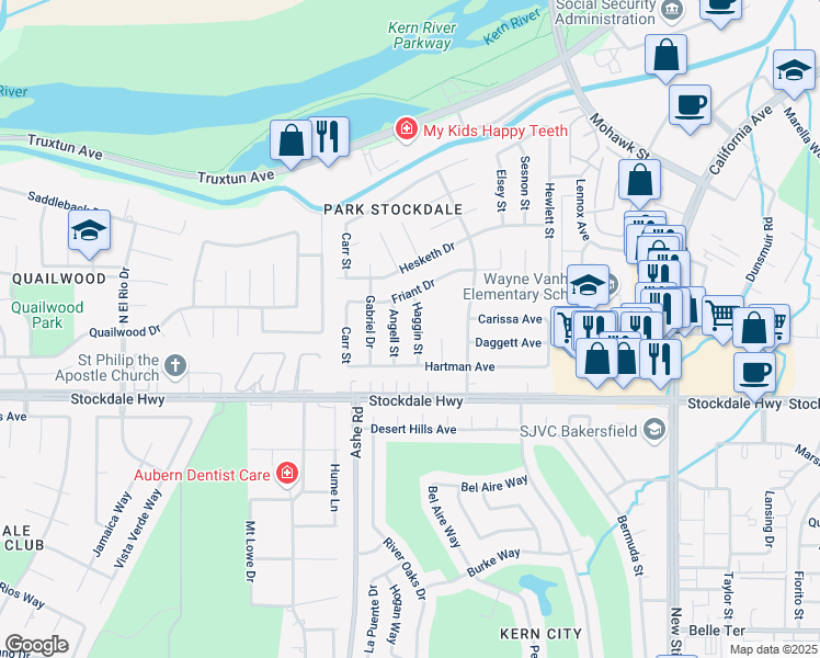 map of restaurants, bars, coffee shops, grocery stores, and more near 205 Haggin Street in Bakersfield