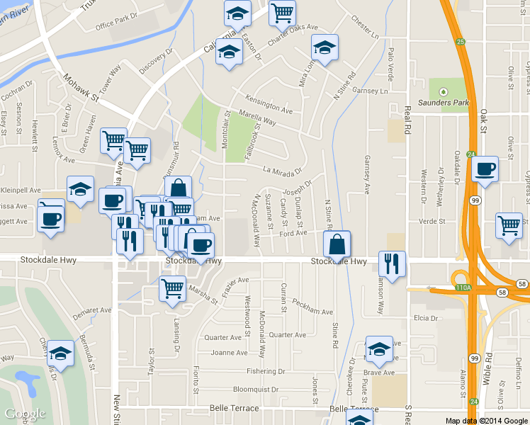 map of restaurants, bars, coffee shops, grocery stores, and more near 125 Suzanne Street in Bakersfield