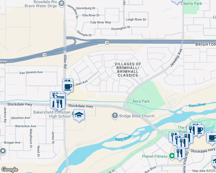 map of restaurants, bars, coffee shops, grocery stores, and more near 110 Castlebar Drive in Bakersfield