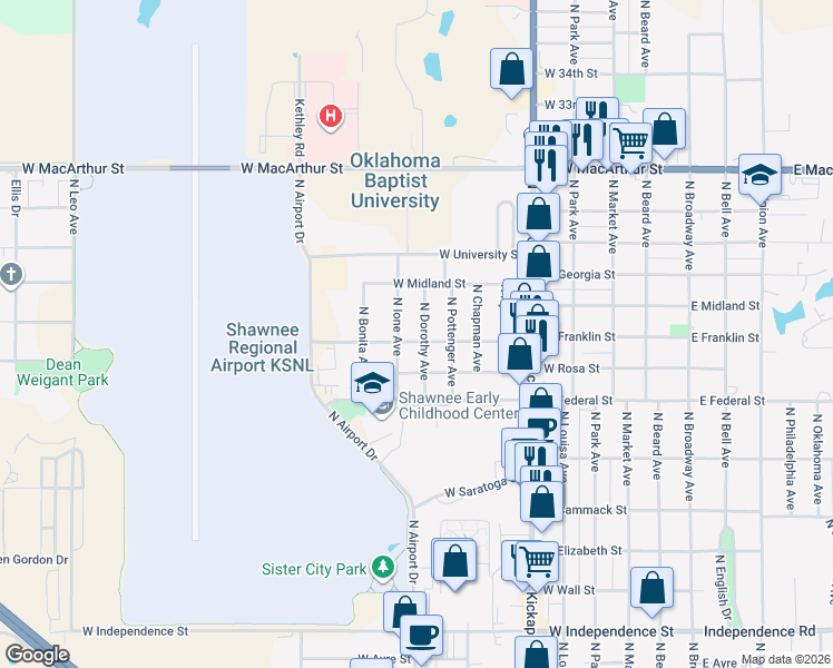 map of restaurants, bars, coffee shops, grocery stores, and more near 2204 North Dorothy Avenue in Shawnee