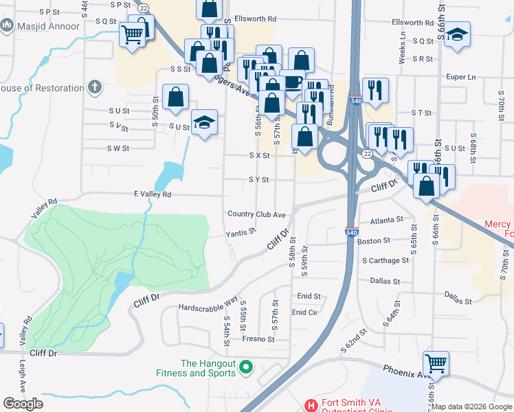 map of restaurants, bars, coffee shops, grocery stores, and more near 2719 South 56th Street in Fort Smith