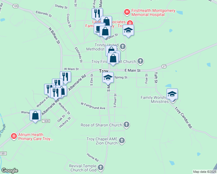 map of restaurants, bars, coffee shops, grocery stores, and more near 310 South Main Street in Troy