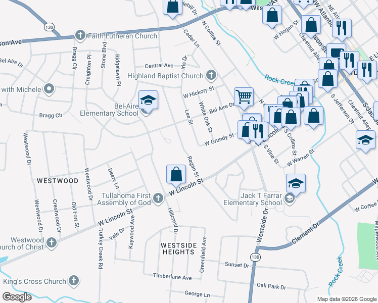 map of restaurants, bars, coffee shops, grocery stores, and more near 114 Ragan Street in Tullahoma