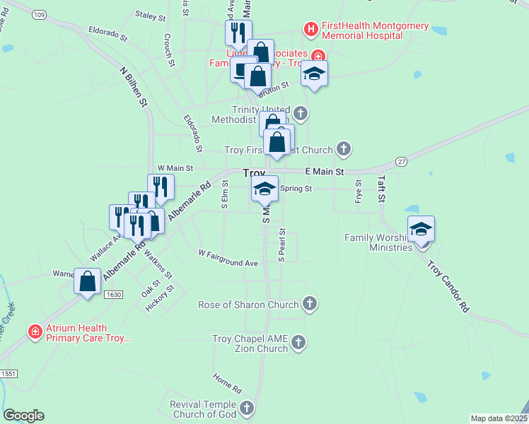 map of restaurants, bars, coffee shops, grocery stores, and more near 310 South Main Street in Troy