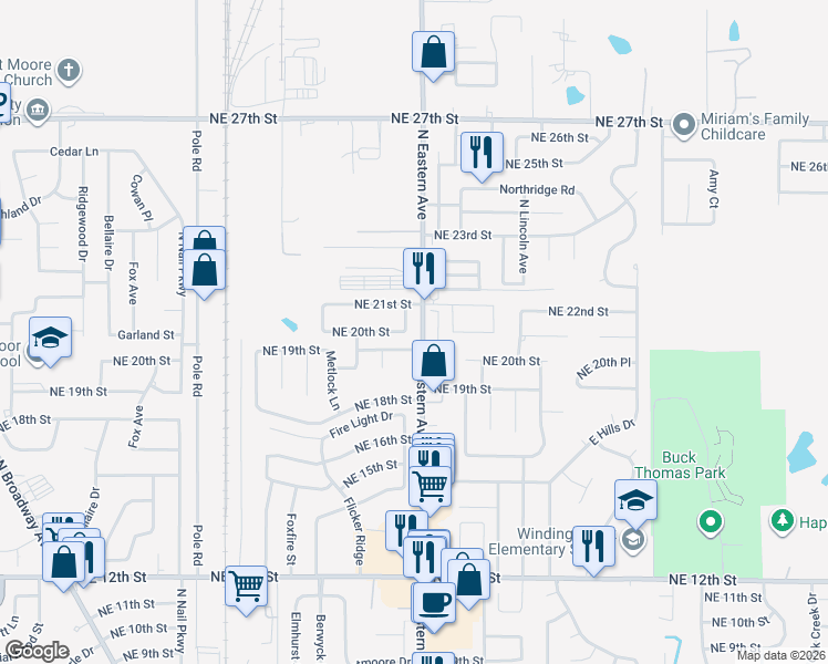 map of restaurants, bars, coffee shops, grocery stores, and more near 2004 Stefanie Lane in Moore
