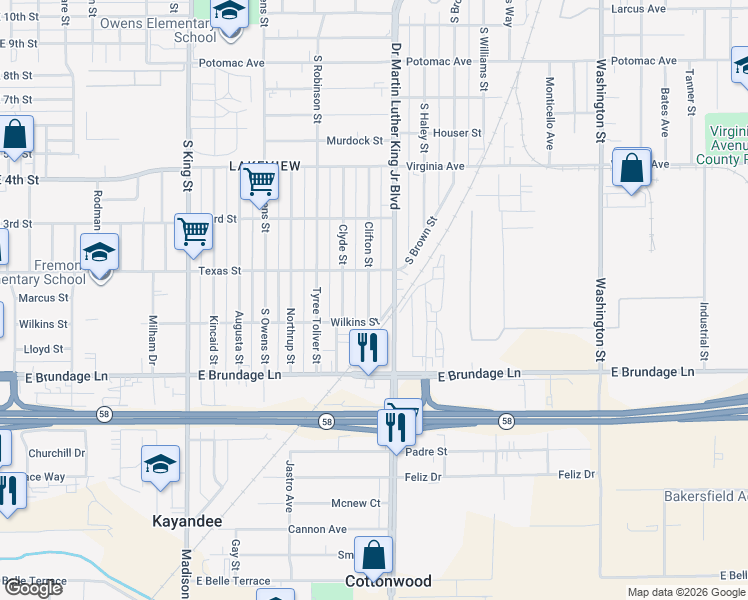 map of restaurants, bars, coffee shops, grocery stores, and more near 121 Clifton Street in Bakersfield