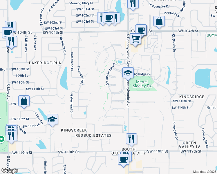 map of restaurants, bars, coffee shops, grocery stores, and more near Greenbriar Chase in Oklahoma City