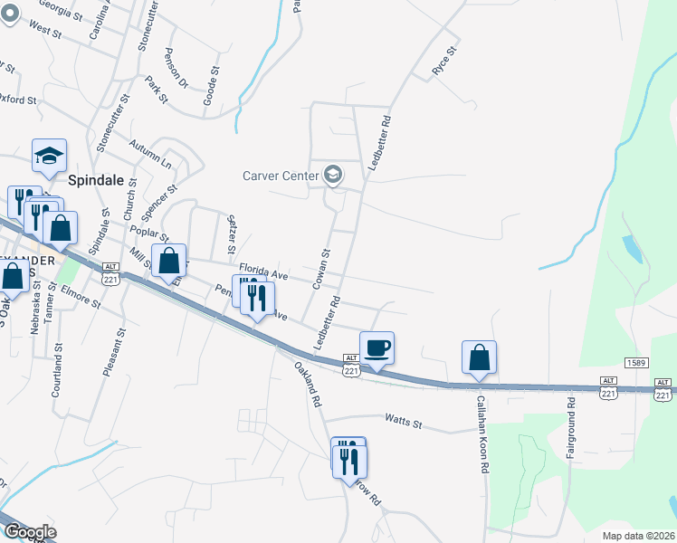 map of restaurants, bars, coffee shops, grocery stores, and more near 233 Ledbetter Road in Spindale