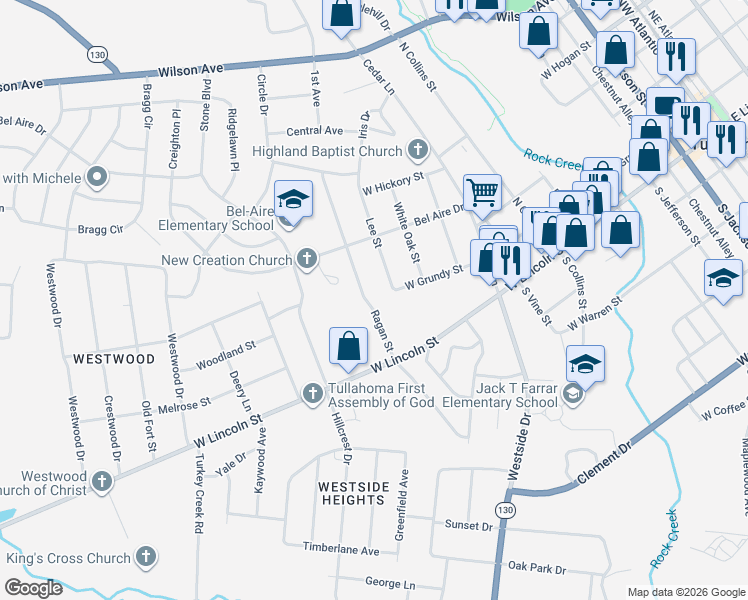 map of restaurants, bars, coffee shops, grocery stores, and more near 114 Ragan Street in Tullahoma