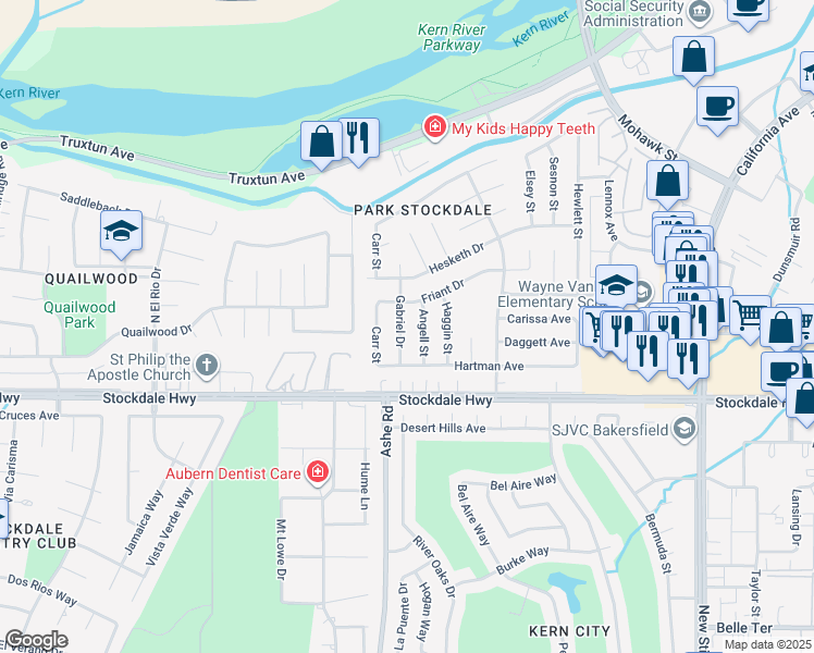 map of restaurants, bars, coffee shops, grocery stores, and more near 204 Gabriel Drive in Bakersfield