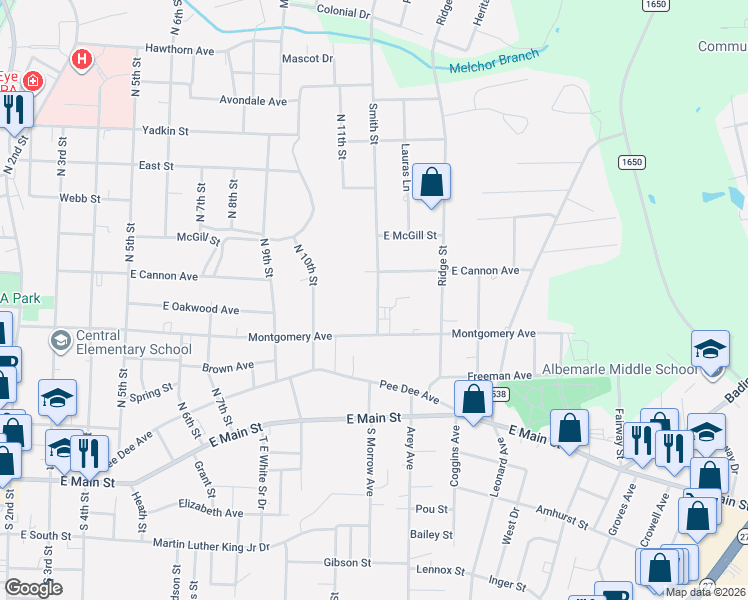 map of restaurants, bars, coffee shops, grocery stores, and more near 431 Smith Street in Albemarle