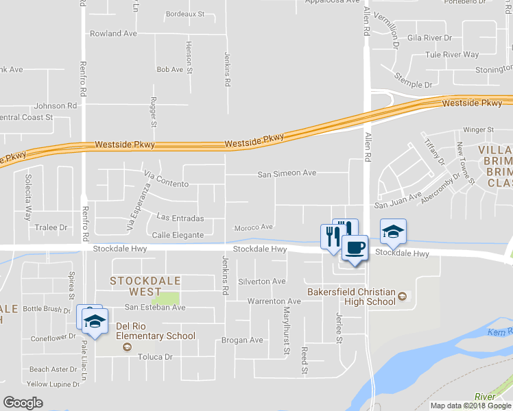 map of restaurants, bars, coffee shops, grocery stores, and more near 13501 Arbolado Court in Bakersfield