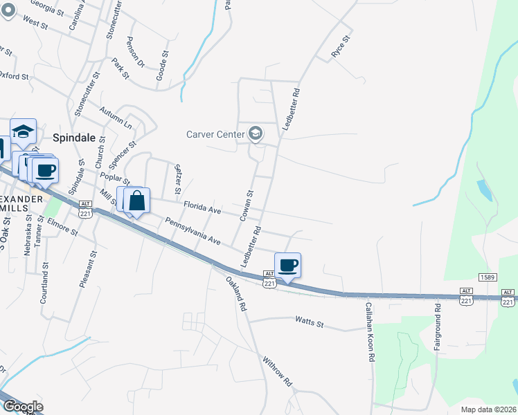 map of restaurants, bars, coffee shops, grocery stores, and more near 233 Ledbetter Road in Spindale