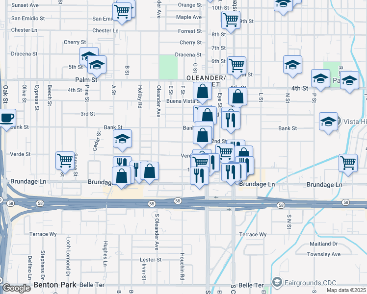 map of restaurants, bars, coffee shops, grocery stores, and more near 156A F Street in Bakersfield