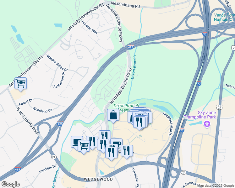 map of restaurants, bars, coffee shops, grocery stores, and more near Northlake Centre Parkway in Charlotte