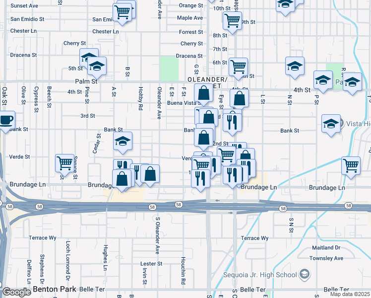 map of restaurants, bars, coffee shops, grocery stores, and more near 156A F Street in Bakersfield