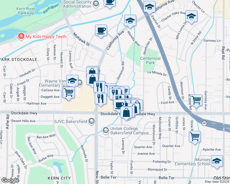 map of restaurants, bars, coffee shops, grocery stores, and more near 5401 Dunsmuir Road in Bakersfield