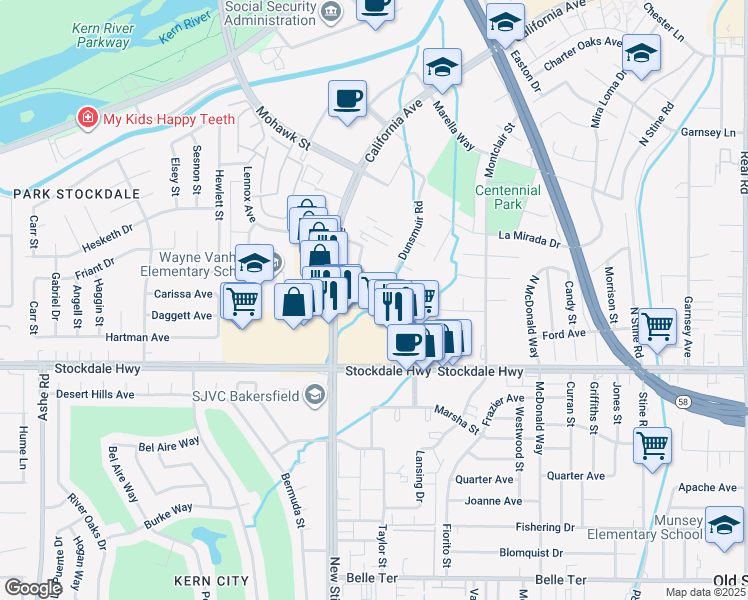 map of restaurants, bars, coffee shops, grocery stores, and more near 5555 Business Park South in Bakersfield