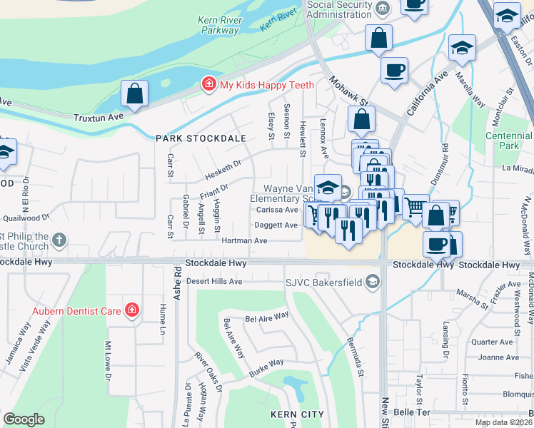 map of restaurants, bars, coffee shops, grocery stores, and more near 5901 Carissa Avenue in Bakersfield