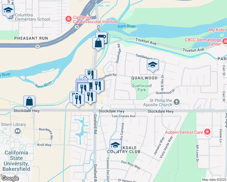 map of restaurants, bars, coffee shops, grocery stores, and more near 309 Quailridge Road in Bakersfield