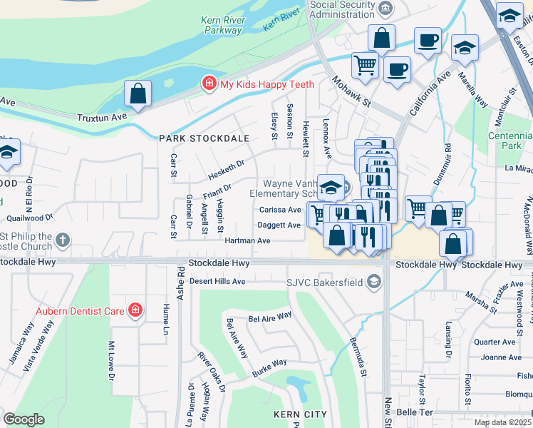 map of restaurants, bars, coffee shops, grocery stores, and more near 5901 Carissa Avenue in Bakersfield