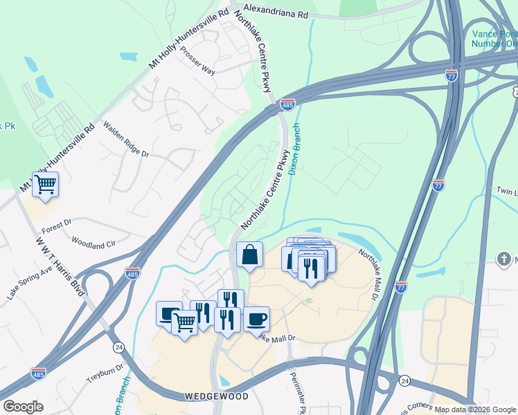 map of restaurants, bars, coffee shops, grocery stores, and more near Northlake Centre Parkway in Charlotte