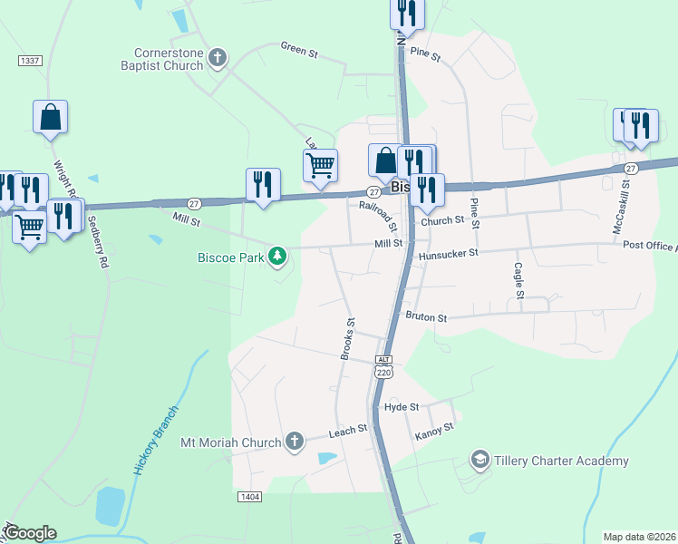 map of restaurants, bars, coffee shops, grocery stores, and more near 308 Brooks Street in Biscoe
