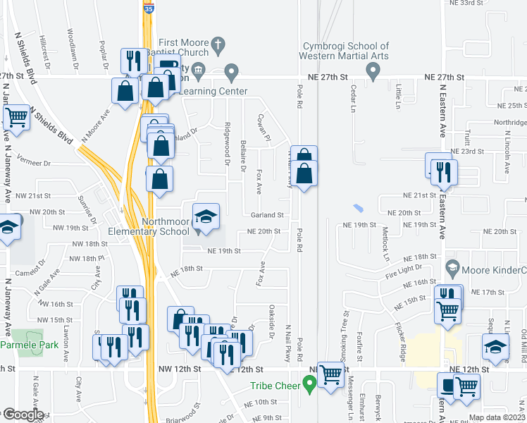 map of restaurants, bars, coffee shops, grocery stores, and more near 2100 Fox Avenue in Moore