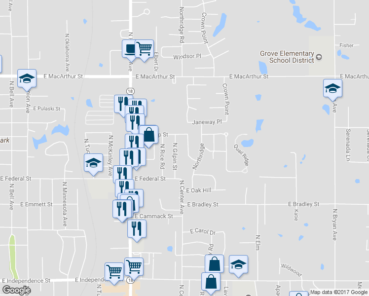 map of restaurants, bars, coffee shops, grocery stores, and more near 8 North Beckley Street in Shawnee