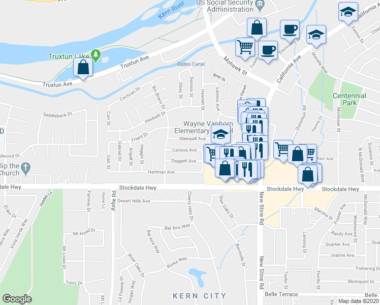 map of restaurants, bars, coffee shops, grocery stores, and more near 5713 Carissa Avenue in Bakersfield