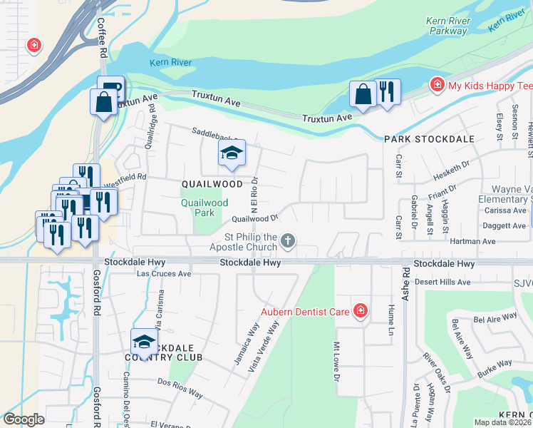 map of restaurants, bars, coffee shops, grocery stores, and more near 7004 Quailwood Drive in Bakersfield