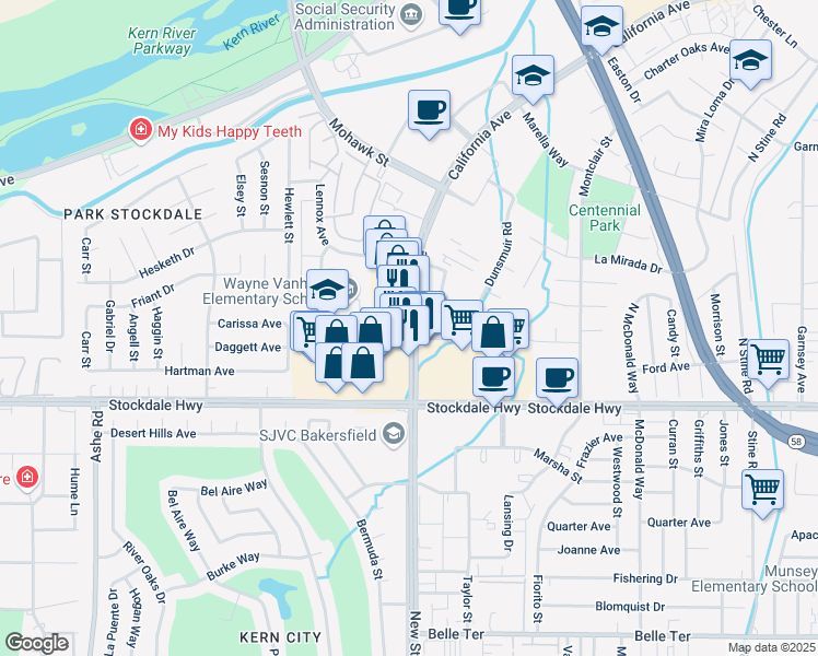 map of restaurants, bars, coffee shops, grocery stores, and more near 5555 California Avenue in Bakersfield