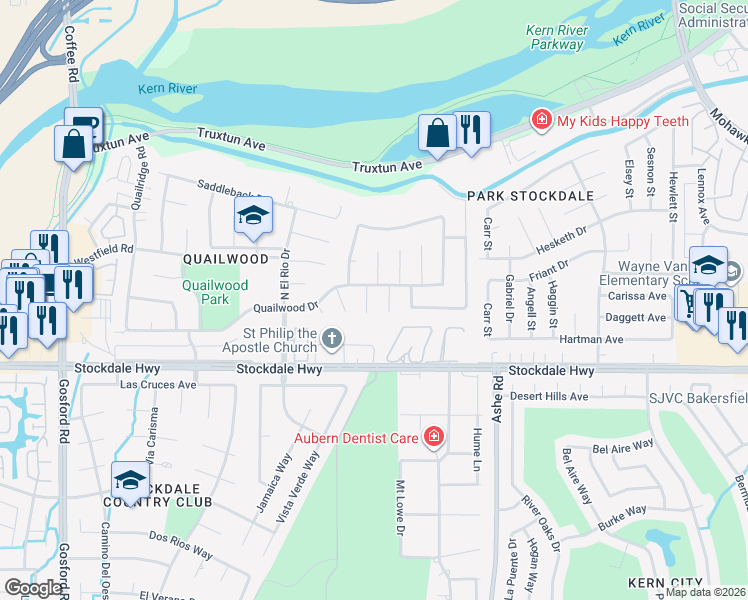 map of restaurants, bars, coffee shops, grocery stores, and more near 322 Quail Run Court in Bakersfield
