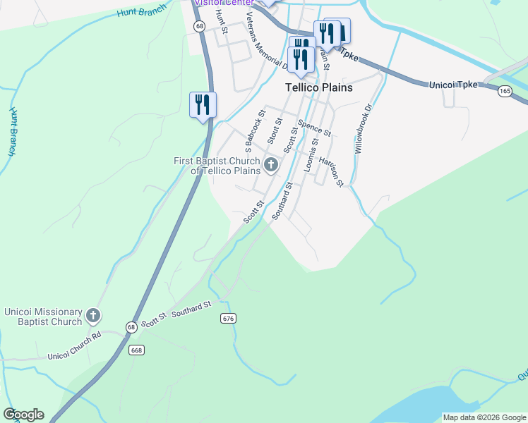 map of restaurants, bars, coffee shops, grocery stores, and more near 602 Southard Street in Tellico Plains