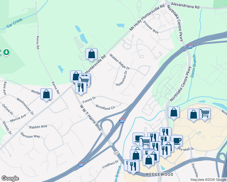 map of restaurants, bars, coffee shops, grocery stores, and more near 9704 Stewart Spring Lane in Charlotte