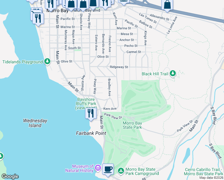 map of restaurants, bars, coffee shops, grocery stores, and more near 226 Bradley Avenue in Morro Bay
