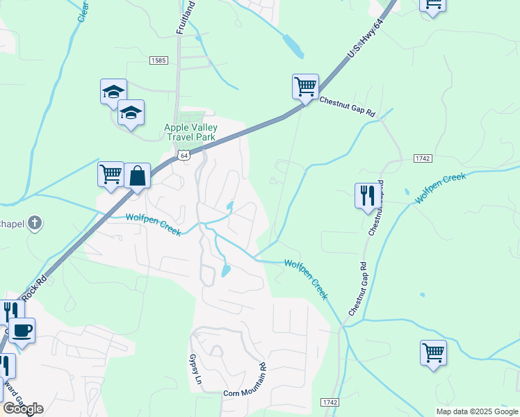 map of restaurants, bars, coffee shops, grocery stores, and more near 20 Gray Wolf Ln in Hendersonville