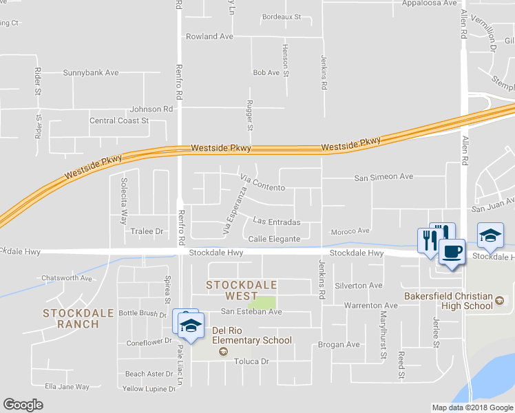 map of restaurants, bars, coffee shops, grocery stores, and more near 14013 Calle Rosales in Bakersfield