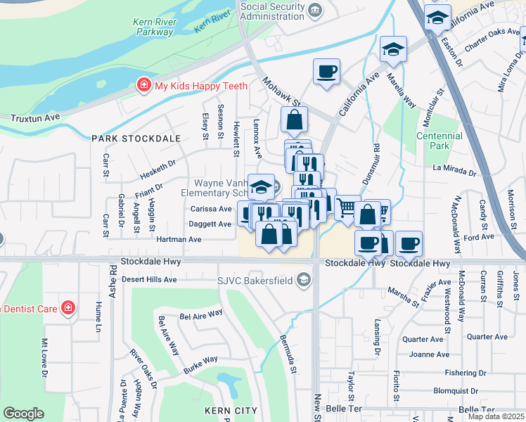 map of restaurants, bars, coffee shops, grocery stores, and more near 5501 Kleinpell Avenue in Bakersfield