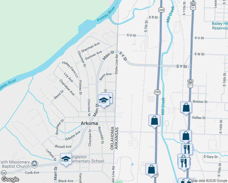 map of restaurants, bars, coffee shops, grocery stores, and more near 618 State Line Road in Arkoma