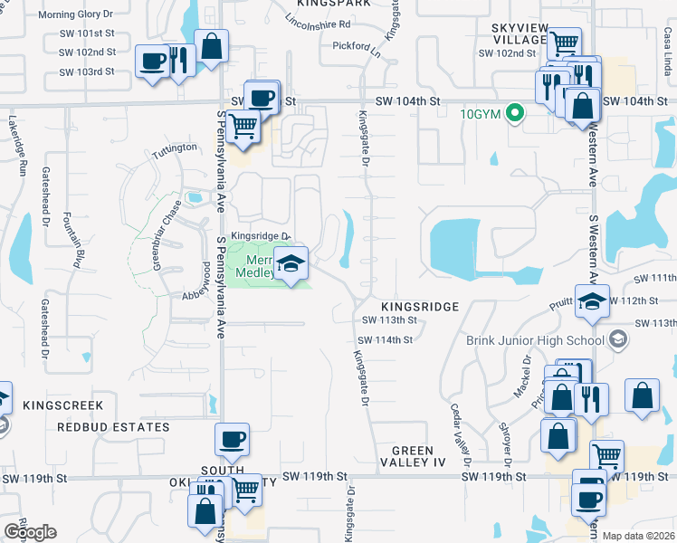 map of restaurants, bars, coffee shops, grocery stores, and more near 1425 Kingsridge Drive in Oklahoma City