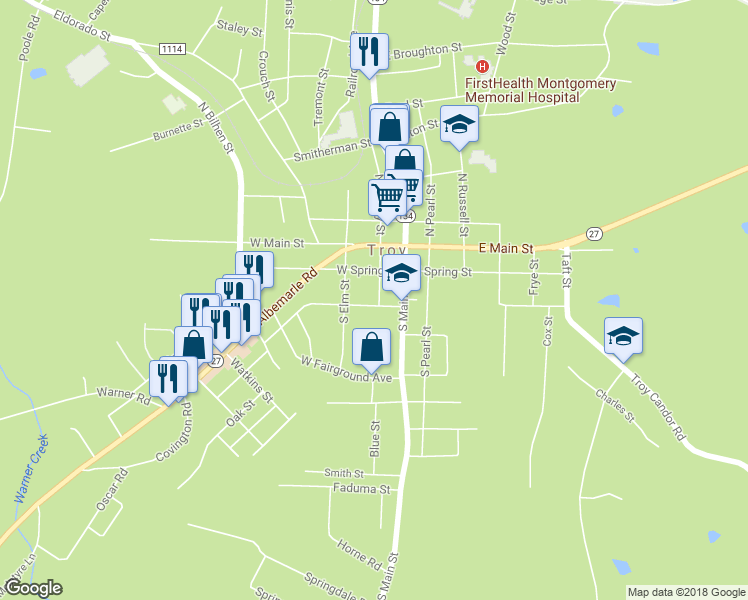 map of restaurants, bars, coffee shops, grocery stores, and more near 206 Rush Avenue in Troy