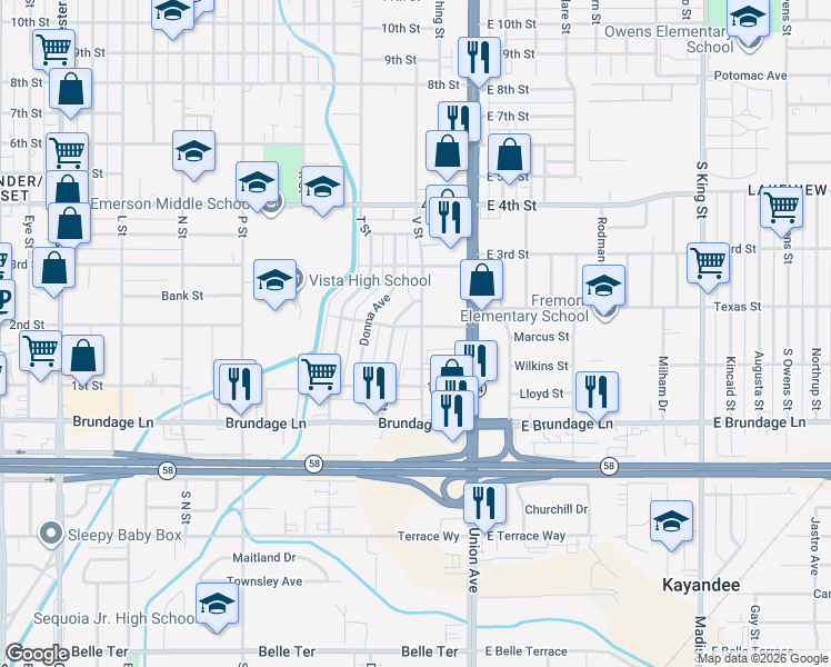 map of restaurants, bars, coffee shops, grocery stores, and more near in Bakersfield