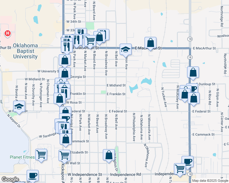 map of restaurants, bars, coffee shops, grocery stores, and more near 16 East Franklin Street in Shawnee