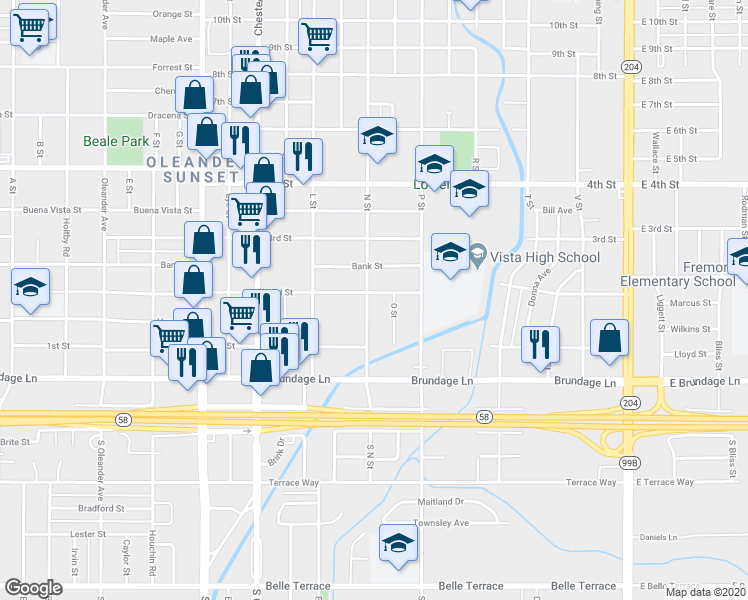 map of restaurants, bars, coffee shops, grocery stores, and more near 1031 2nd Street in Bakersfield