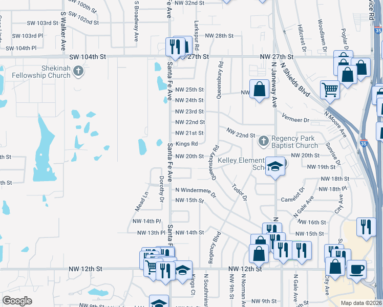 map of restaurants, bars, coffee shops, grocery stores, and more near 1025 Northwest 20th Street in Moore