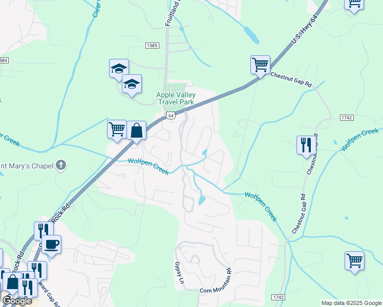 map of restaurants, bars, coffee shops, grocery stores, and more near 5 Gray Wolf Lane in Hendersonville