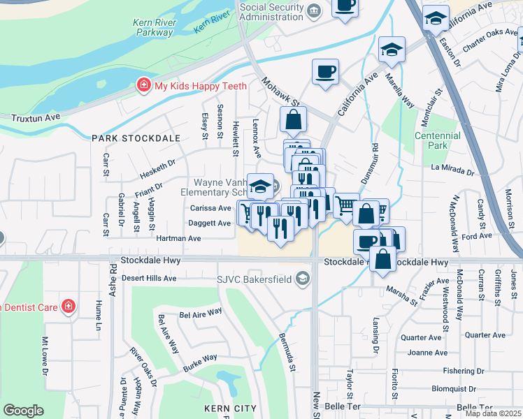 map of restaurants, bars, coffee shops, grocery stores, and more near 5501 Kleinpell Avenue in Bakersfield