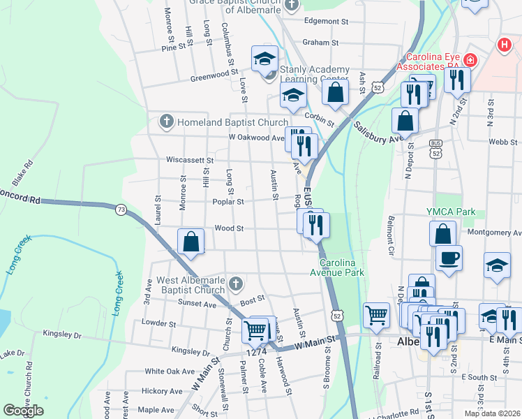 map of restaurants, bars, coffee shops, grocery stores, and more near 617 Austin Street in Albemarle