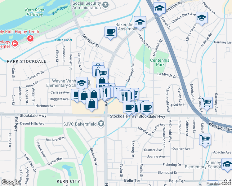 map of restaurants, bars, coffee shops, grocery stores, and more near 5555 Business Park S in Bakersfield